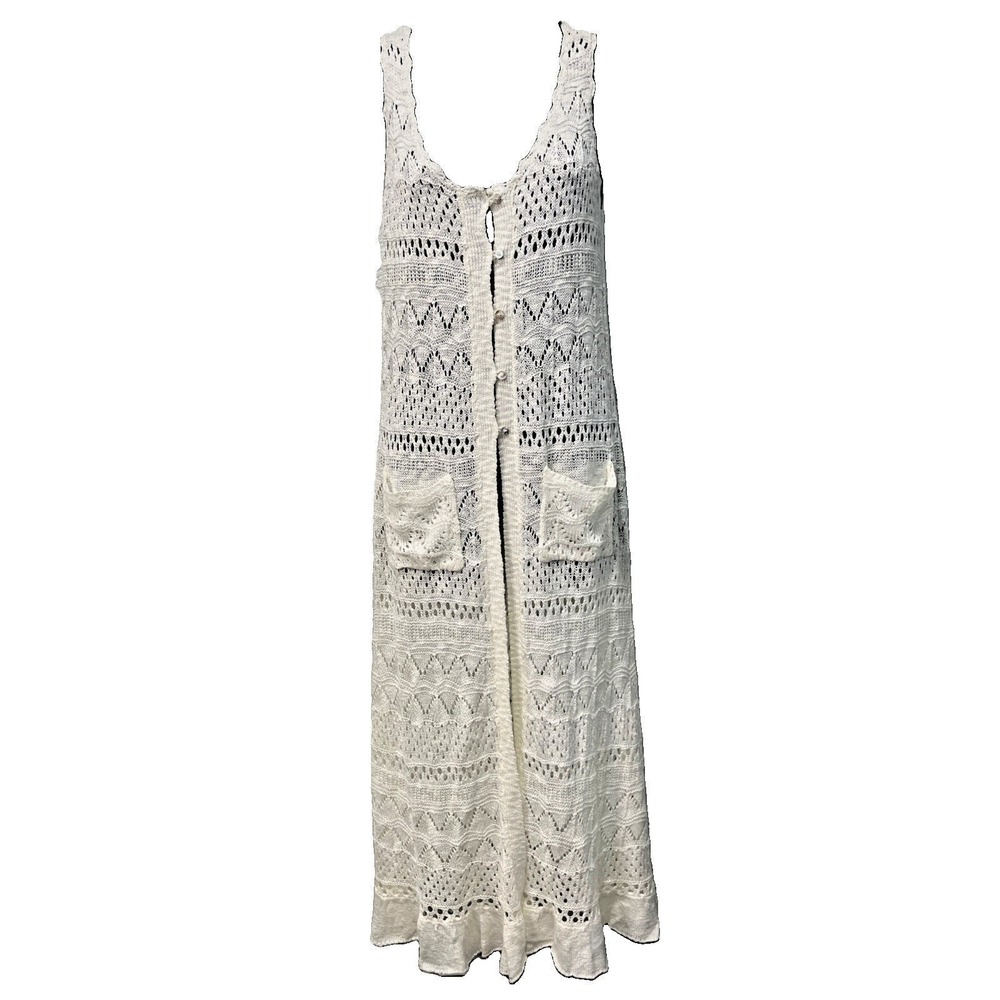 Oliver by Escio Duster Vest Women XS Cream Pointelle Knit Boho Longline Pockets